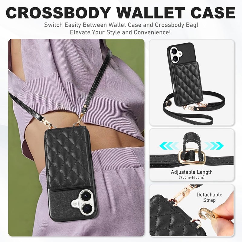 TUCCH Case for iPhone 16 (6.1") with Adjustable Strap, Magnetic Closure Folio Wallet Case with RFID Blocking [6 Card Holders] [Removable Crossbody Lanyard], Shockproof PU Leather Cover, Argyle Black - Image 3